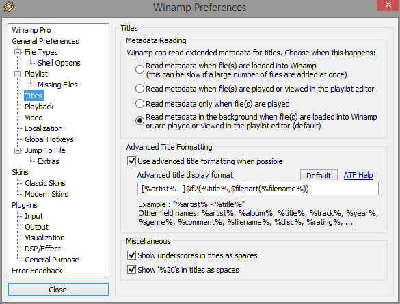 Use winamps advanced title formating rather than to many placeholders